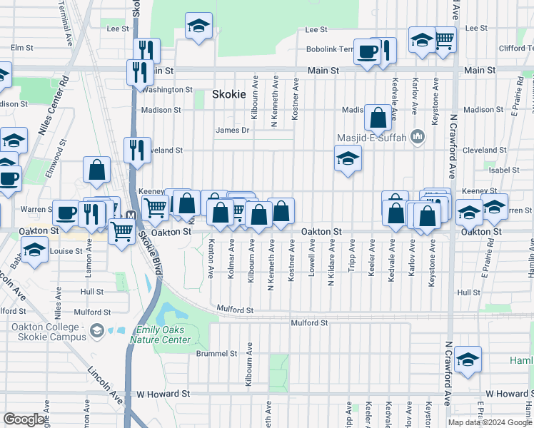 map of restaurants, bars, coffee shops, grocery stores, and more near 8026 Kenneth Avenue in Skokie