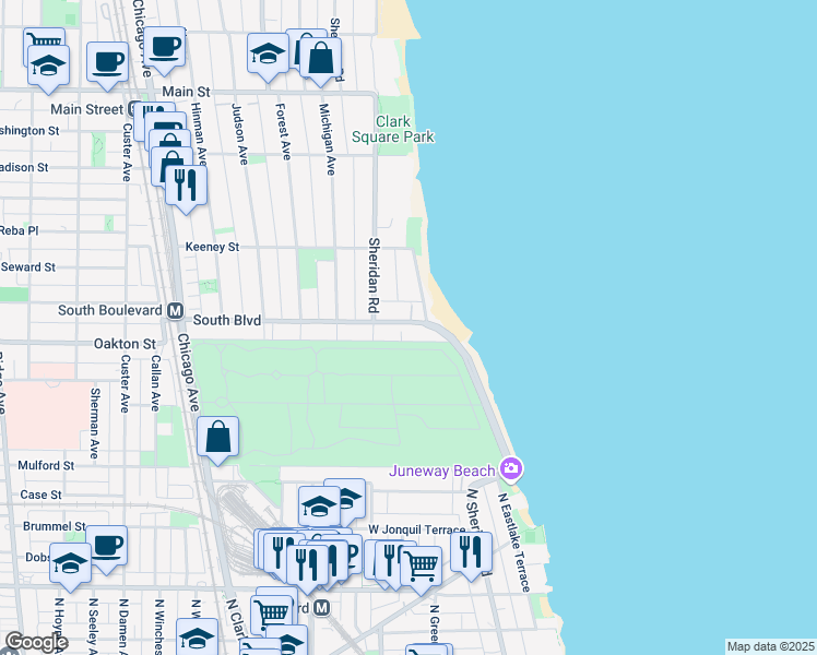 map of restaurants, bars, coffee shops, grocery stores, and more near 494 Sheridan Road in Evanston