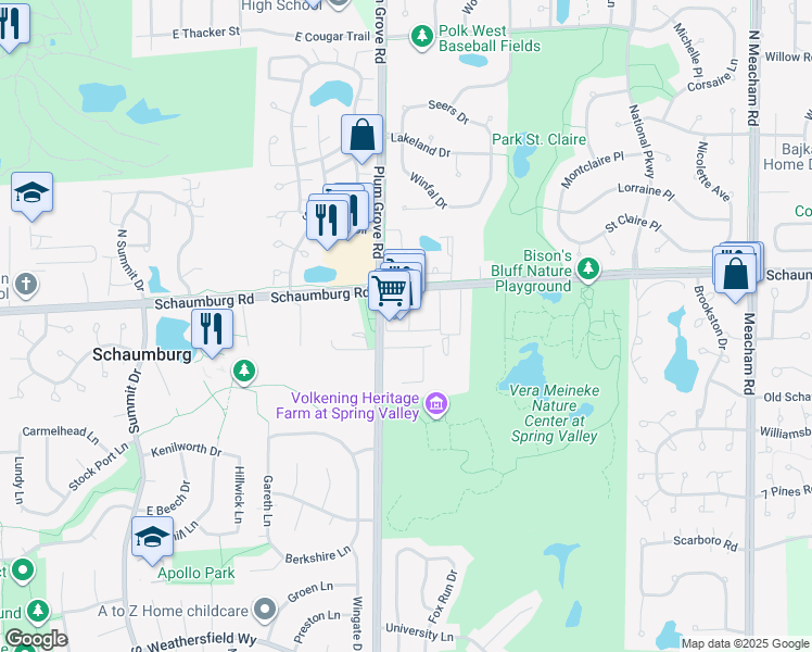 map of restaurants, bars, coffee shops, grocery stores, and more near 853 East Schaumburg Road in Schaumburg