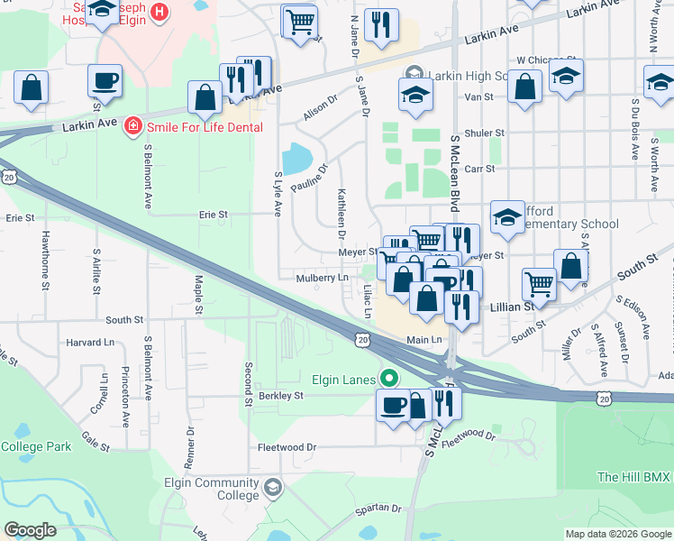 map of restaurants, bars, coffee shops, grocery stores, and more near 276 Kathleen Drive in Elgin