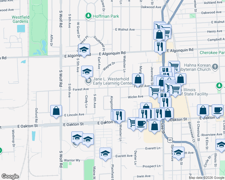 map of restaurants, bars, coffee shops, grocery stores, and more near 929 Forest Avenue in Des Plaines