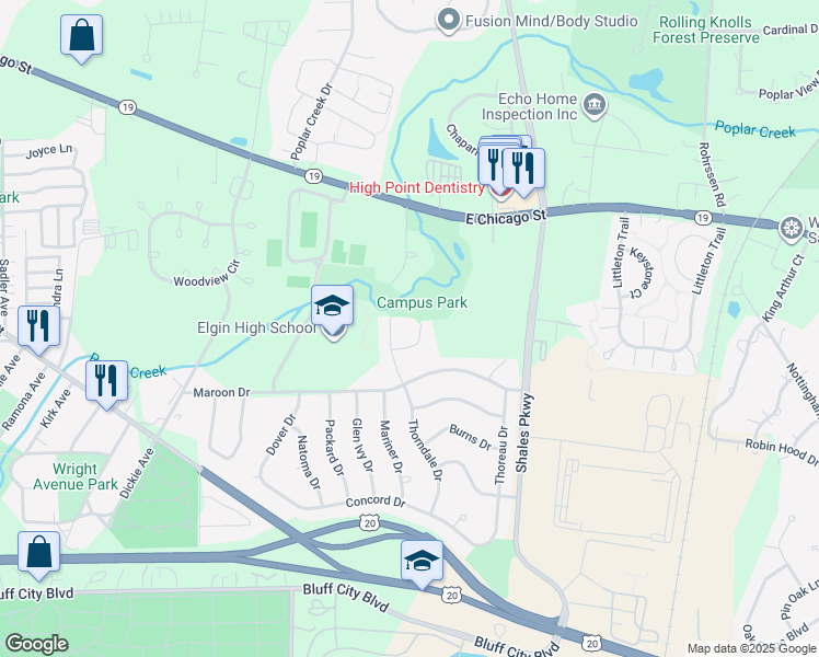 map of restaurants, bars, coffee shops, grocery stores, and more near 1286 Thorndale Court in Elgin