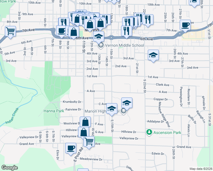 map of restaurants, bars, coffee shops, grocery stores, and more near 1384 Starry Dr in Marion