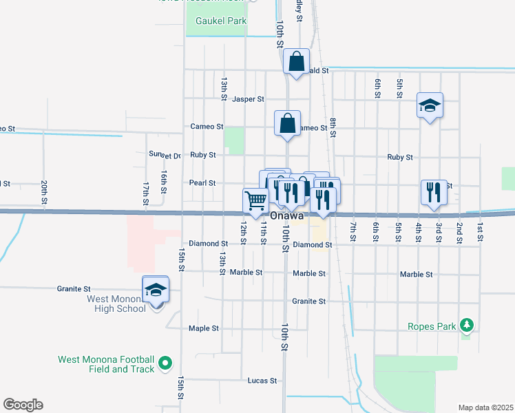 map of restaurants, bars, coffee shops, grocery stores, and more near 1106 Iowa Avenue in Onawa