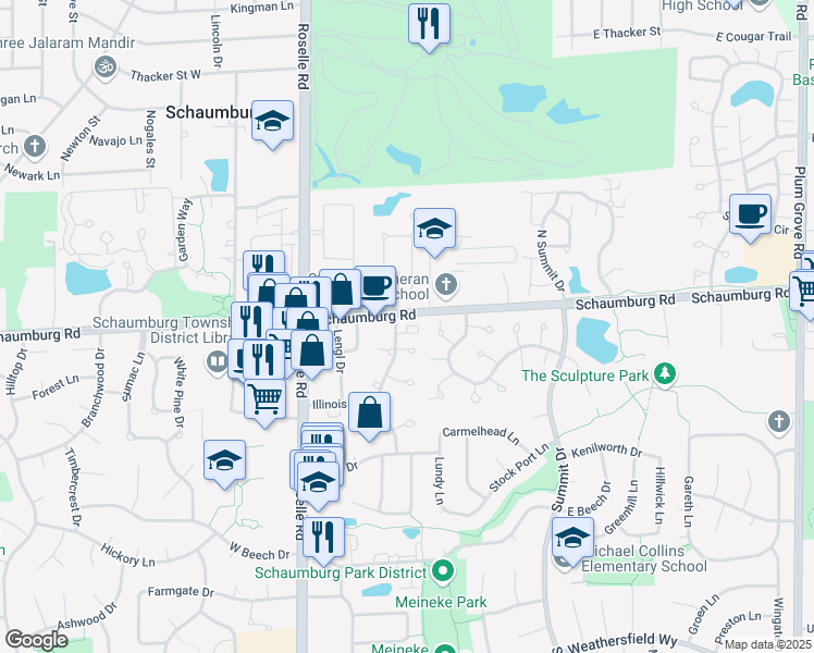 map of restaurants, bars, coffee shops, grocery stores, and more near 127 Waterbury Circle in Schaumburg