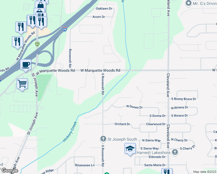 map of restaurants, bars, coffee shops, grocery stores, and more near 4983 South Roosevelt Road in Stevensville