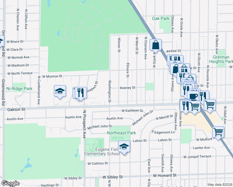 map of restaurants, bars, coffee shops, grocery stores, and more near 8040 Wisner Street in Niles
