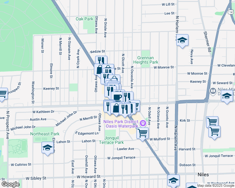 map of restaurants, bars, coffee shops, grocery stores, and more near 8031 North Milwaukee Avenue in Niles