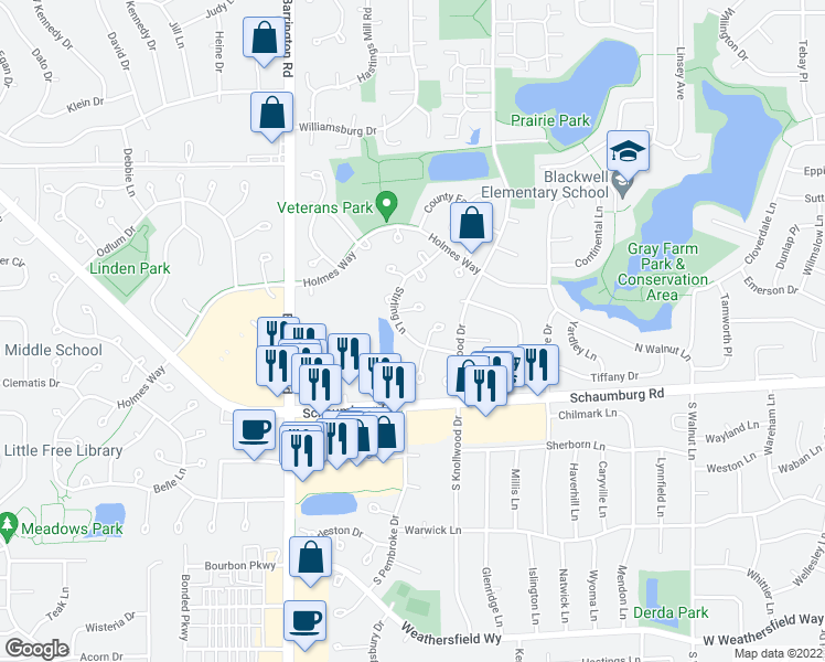 map of restaurants, bars, coffee shops, grocery stores, and more near 111 Stirling Lane in Schaumburg