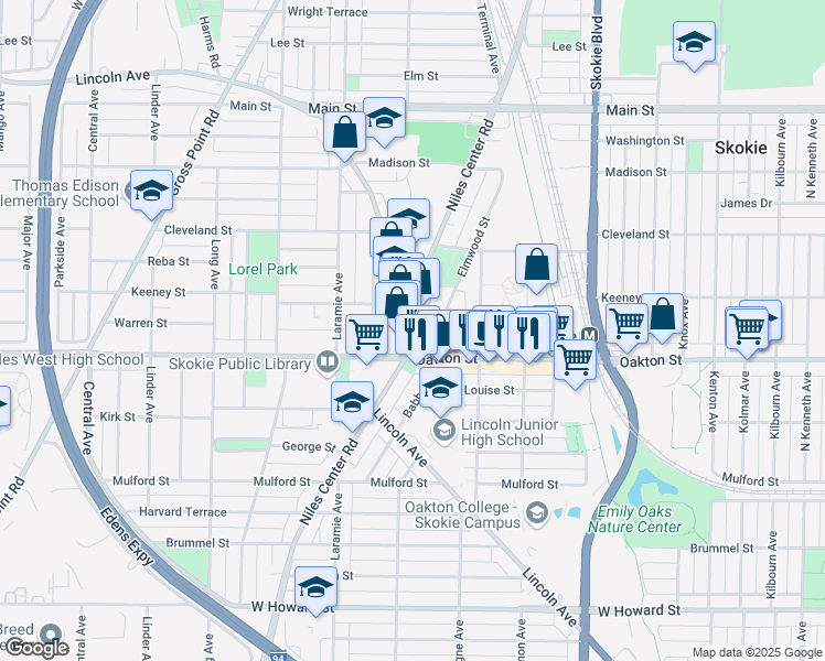 map of restaurants, bars, coffee shops, grocery stores, and more near 5047 Warren Street in Skokie