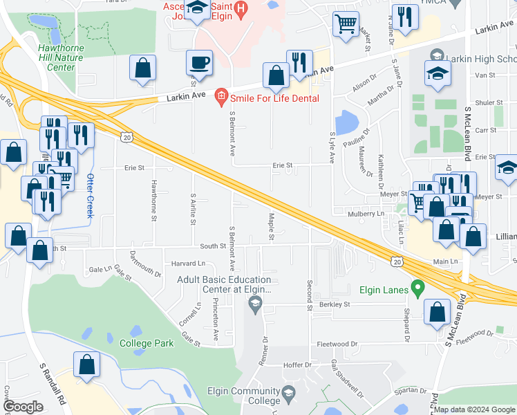 map of restaurants, bars, coffee shops, grocery stores, and more near 36W155 Weld Road in Elgin