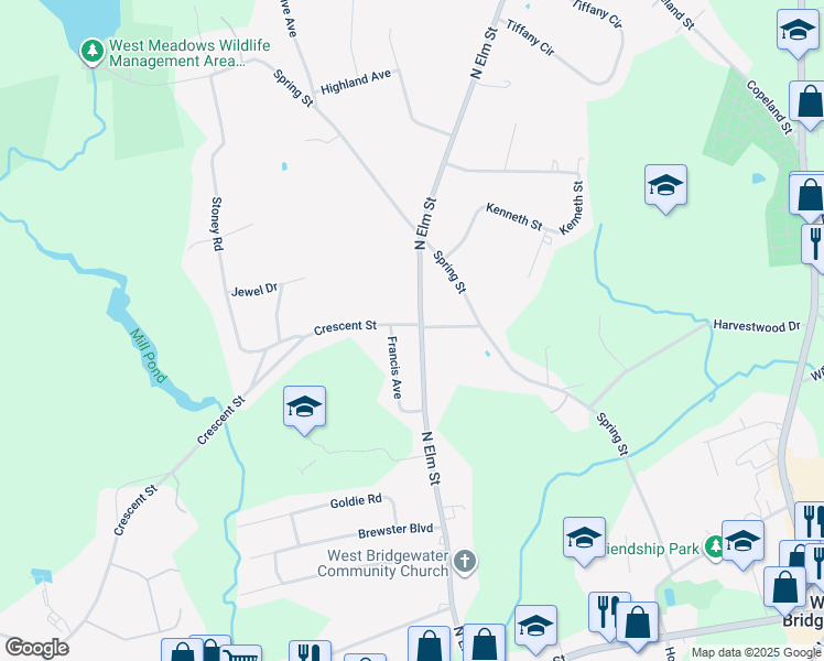 map of restaurants, bars, coffee shops, grocery stores, and more near 255 North Elm Street in West Bridgewater