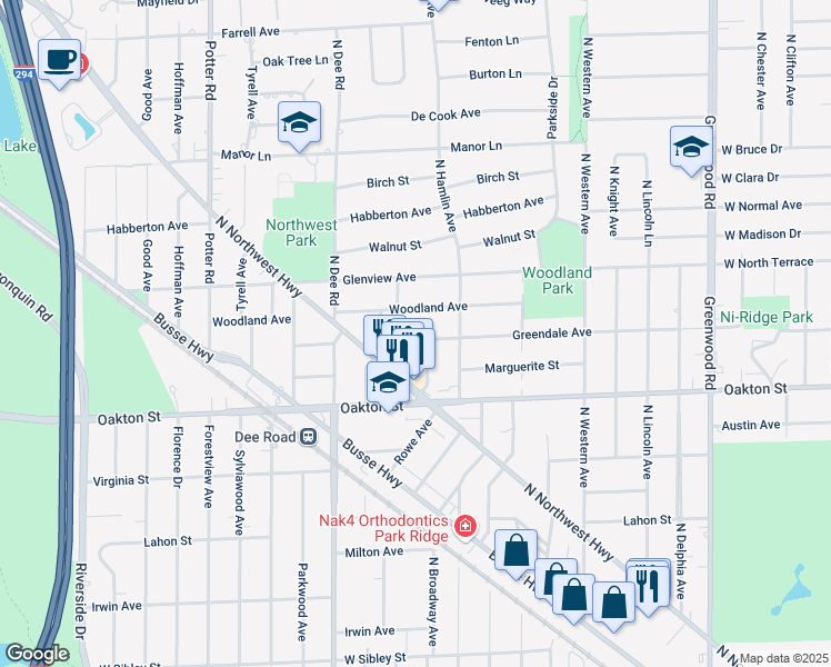 map of restaurants, bars, coffee shops, grocery stores, and more near 1040 Vernon Avenue in Park Ridge