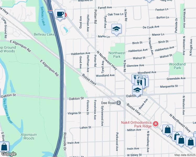 map of restaurants, bars, coffee shops, grocery stores, and more near 2611 Woodland Avenue in Park Ridge