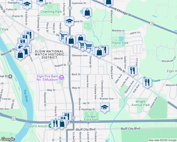 map of restaurants, bars, coffee shops, grocery stores, and more near 476 George Street in Elgin