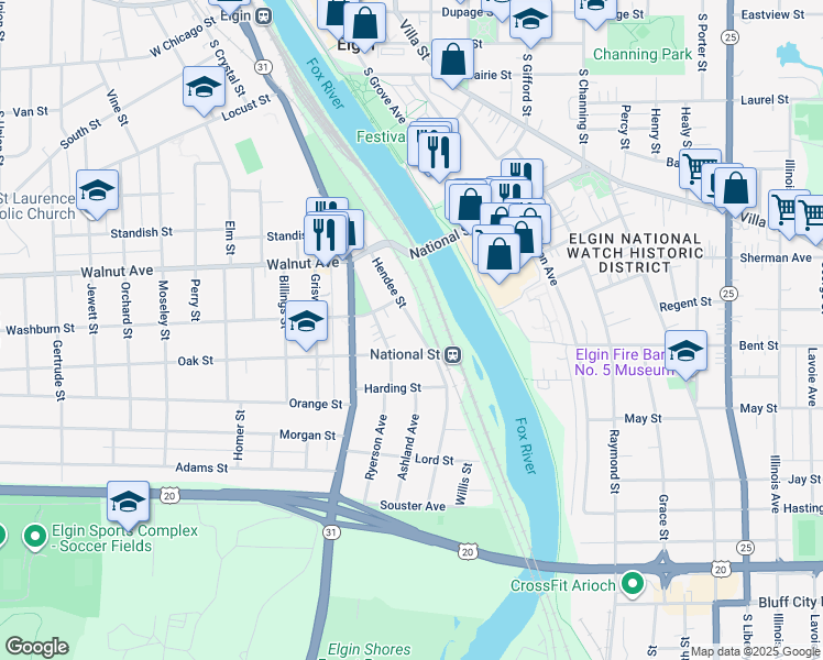 map of restaurants, bars, coffee shops, grocery stores, and more near 379 Ryerson Avenue in Elgin
