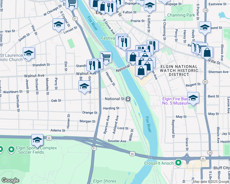 map of restaurants, bars, coffee shops, grocery stores, and more near 379 Ryerson Avenue in Elgin