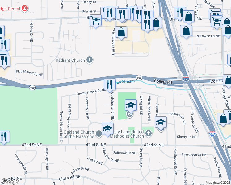map of restaurants, bars, coffee shops, grocery stores, and more near 4710 Westchester Drive Northeast in Cedar Rapids