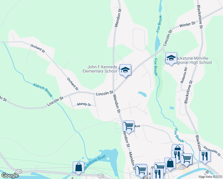 map of restaurants, bars, coffee shops, grocery stores, and more near 107 Mendon Street in Blackstone