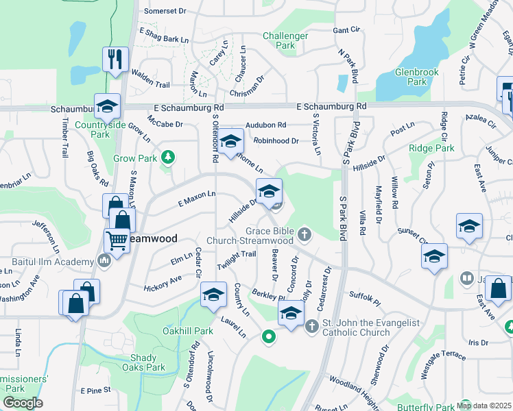 map of restaurants, bars, coffee shops, grocery stores, and more near 321 Hillside Drive in Streamwood