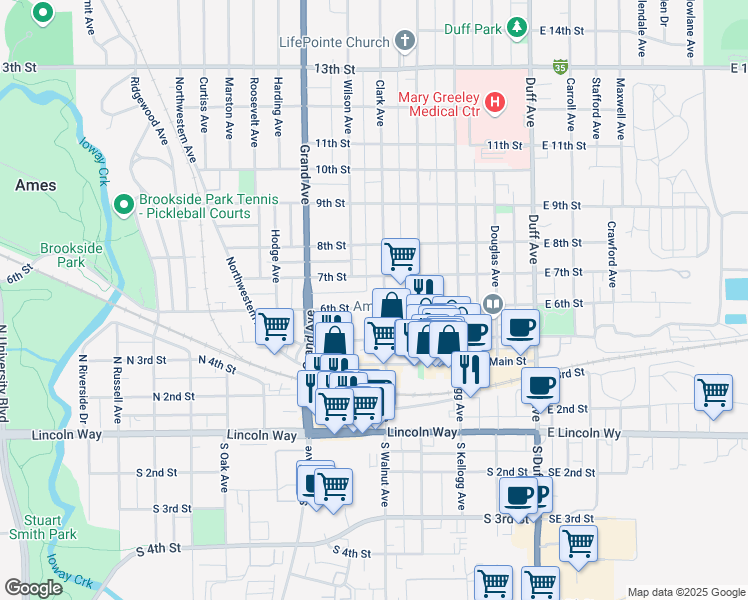 map of restaurants, bars, coffee shops, grocery stores, and more near in Ames
