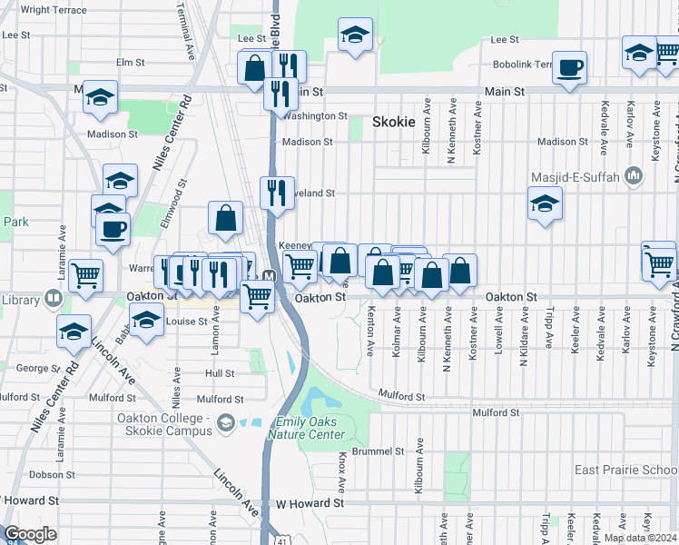 map of restaurants, bars, coffee shops, grocery stores, and more near 8026 Knox Avenue in Skokie