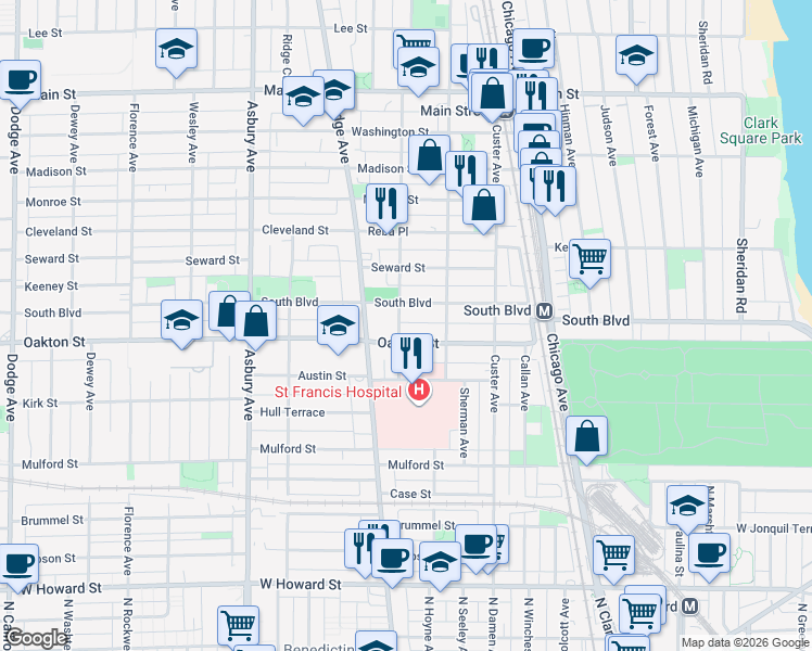 map of restaurants, bars, coffee shops, grocery stores, and more near 515 Elmwood Avenue in Evanston