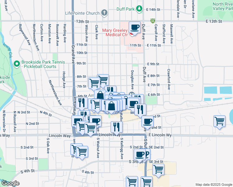 map of restaurants, bars, coffee shops, grocery stores, and more near 315 6th Street in Ames