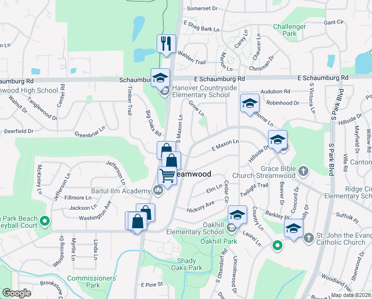 map of restaurants, bars, coffee shops, grocery stores, and more near 139 South Maxon Lane in Streamwood