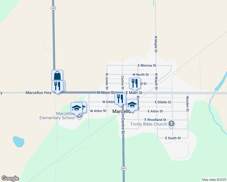 map of restaurants, bars, coffee shops, grocery stores, and more near 170 West Main Street in Marcellus