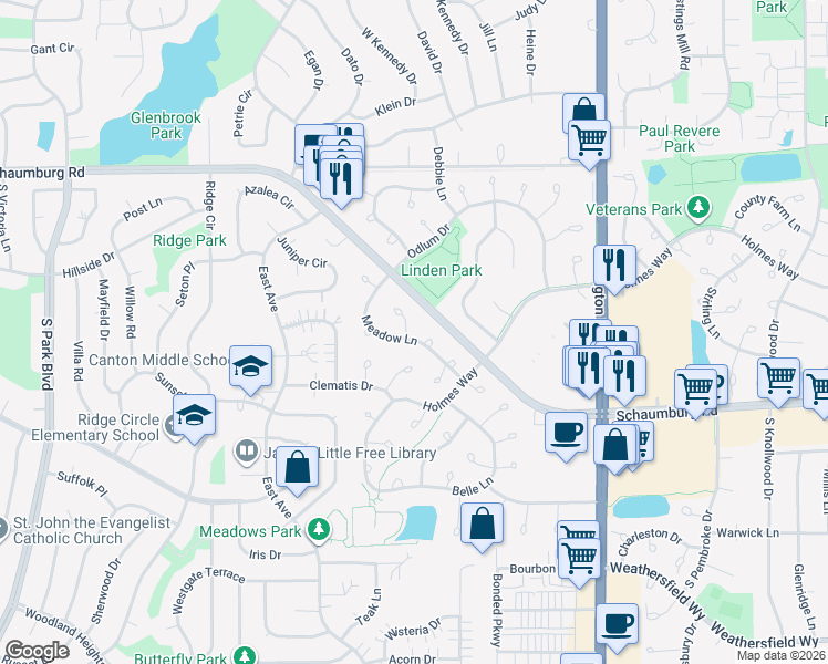 map of restaurants, bars, coffee shops, grocery stores, and more near 21 Ashburn Court in Schaumburg