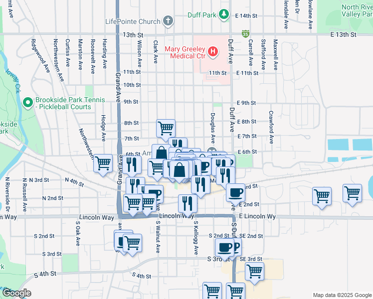map of restaurants, bars, coffee shops, grocery stores, and more near 315 6th Street in Ames