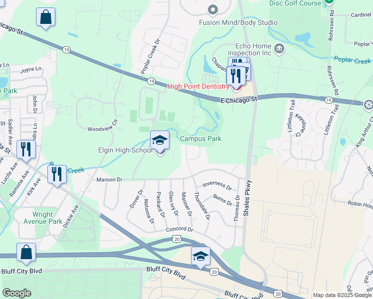 map of restaurants, bars, coffee shops, grocery stores, and more near 516 Thorndale Drive in Elgin