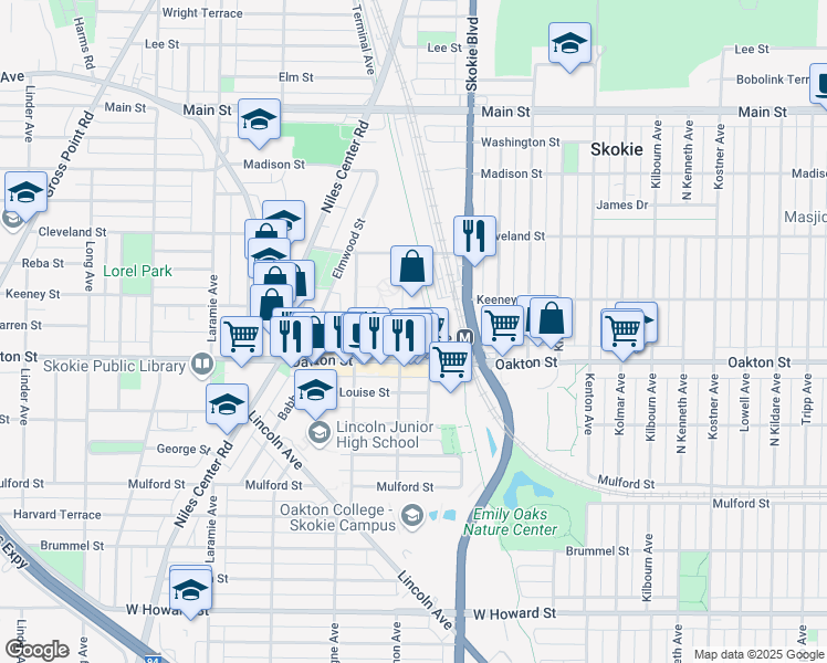 map of restaurants, bars, coffee shops, grocery stores, and more near 8035 Lamon Avenue in Skokie