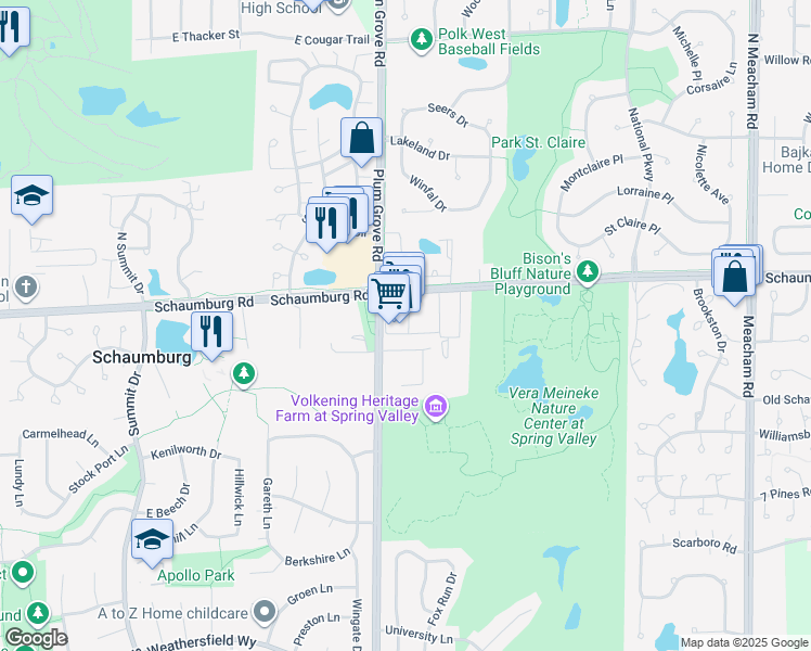 map of restaurants, bars, coffee shops, grocery stores, and more near 853 East Schaumburg Road in Schaumburg