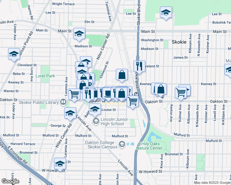map of restaurants, bars, coffee shops, grocery stores, and more near 8035 Lamon Avenue in Skokie