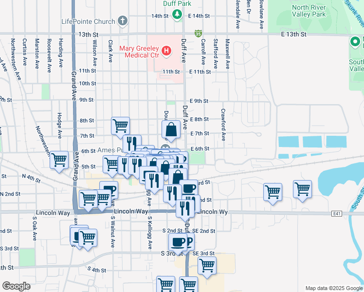 map of restaurants, bars, coffee shops, grocery stores, and more near in Ames