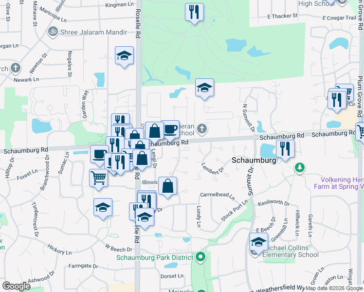 map of restaurants, bars, coffee shops, grocery stores, and more near 127 Waterbury Circle in Schaumburg