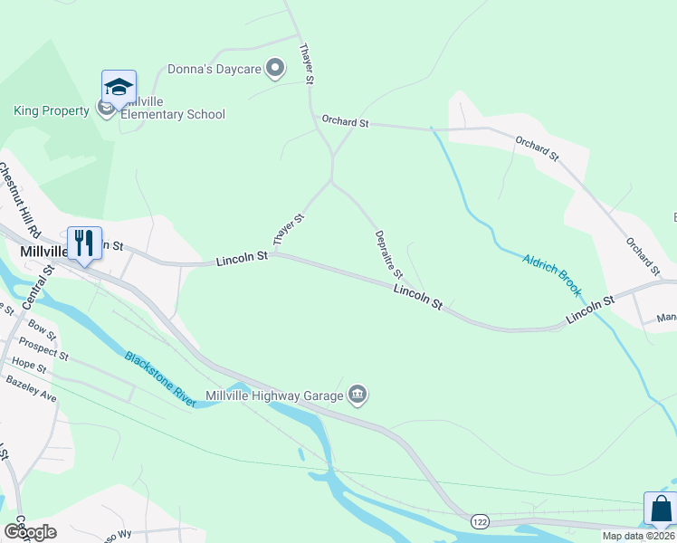 map of restaurants, bars, coffee shops, grocery stores, and more near 136 Lincoln Street in Millville