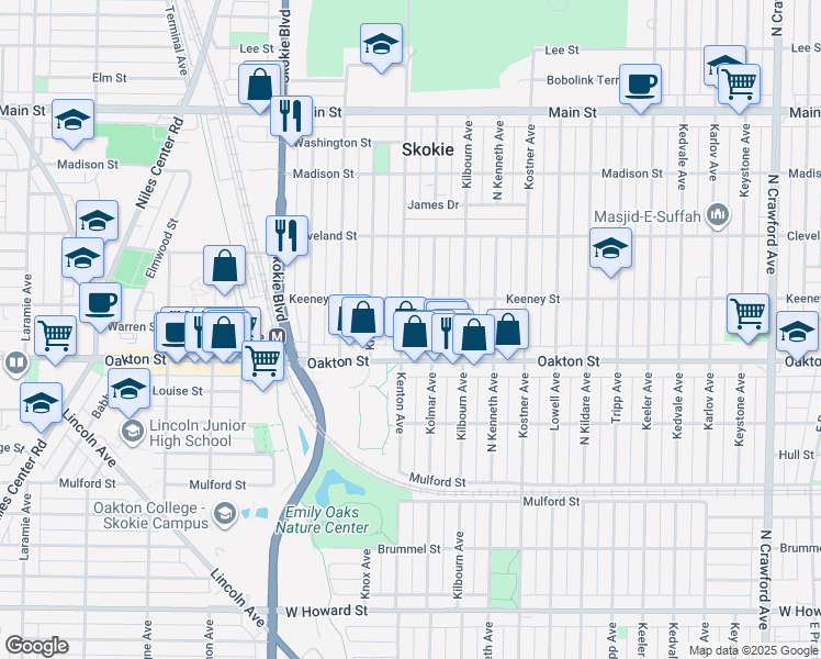 map of restaurants, bars, coffee shops, grocery stores, and more near 8023 Kenton Avenue in Skokie