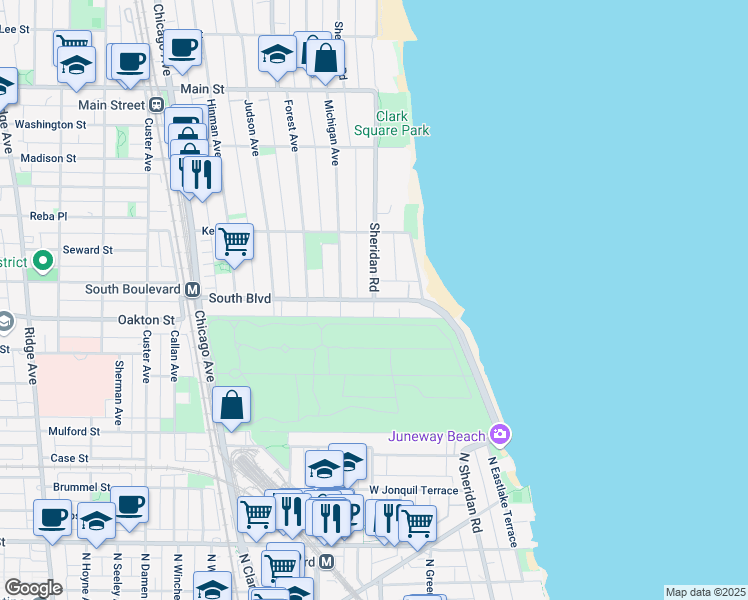 map of restaurants, bars, coffee shops, grocery stores, and more near Sheridan Rd & South Blvd in Evanston