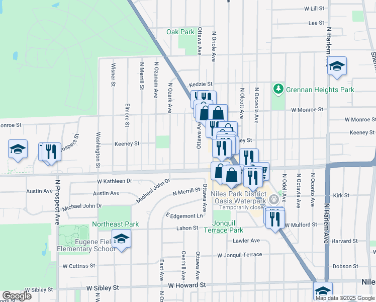 map of restaurants, bars, coffee shops, grocery stores, and more near 8039 North Overhill Avenue in Niles
