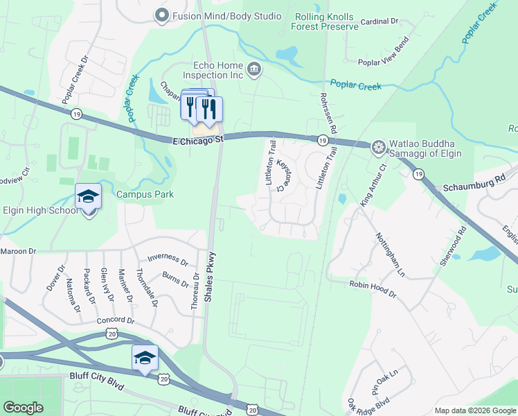 map of restaurants, bars, coffee shops, grocery stores, and more near 484 Littleton Trail in Elgin