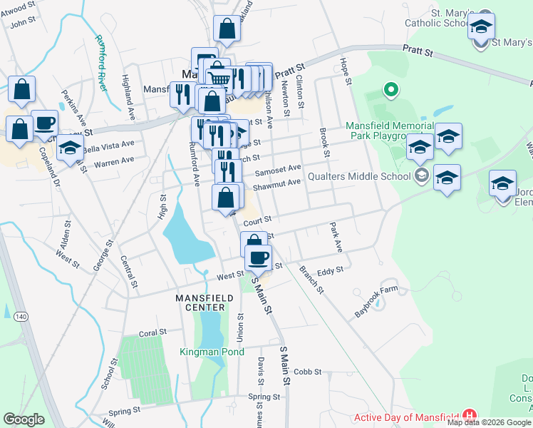 map of restaurants, bars, coffee shops, grocery stores, and more near 38 Court Street in Mansfield