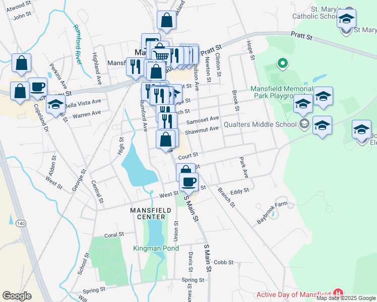 map of restaurants, bars, coffee shops, grocery stores, and more near 38 Court Street in Mansfield