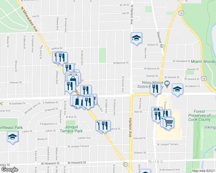 map of restaurants, bars, coffee shops, grocery stores, and more near 8025 North Odell Avenue in Niles