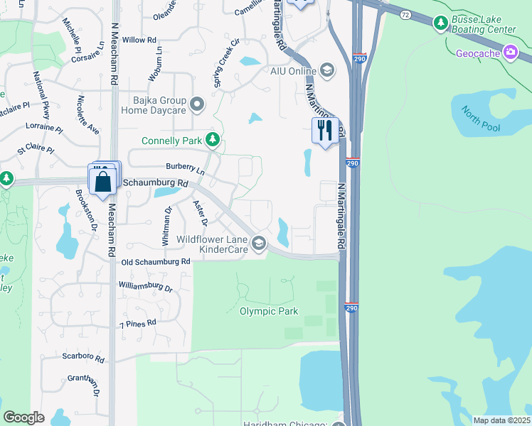 map of restaurants, bars, coffee shops, grocery stores, and more near 20 Wildflower Lane in Schaumburg