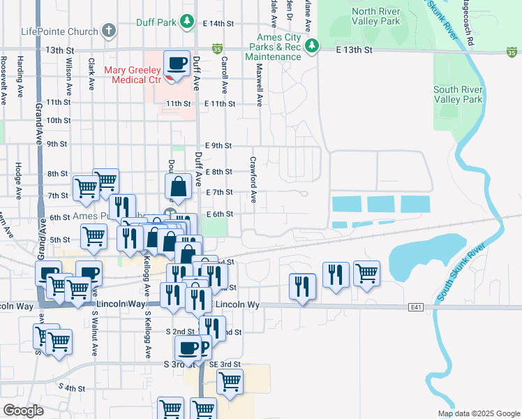 map of restaurants, bars, coffee shops, grocery stores, and more near 316 East 6th Street in Ames