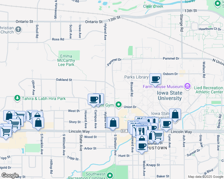 map of restaurants, bars, coffee shops, grocery stores, and more near in Ames