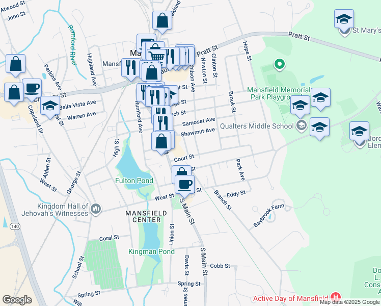 map of restaurants, bars, coffee shops, grocery stores, and more near 38 Court Street in Mansfield